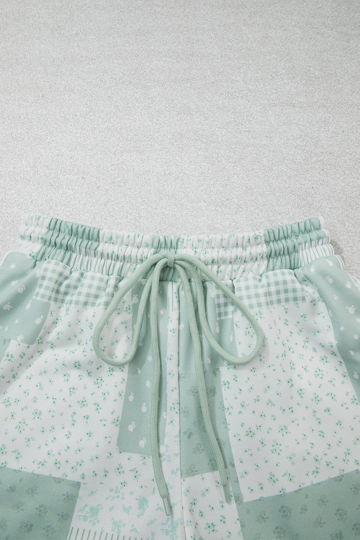 Sky Blue Patchwork Floral Print Drop Shoulder Baggy Pullover Drawstring Shorts Set PREORDER ETA 3 WEEKS