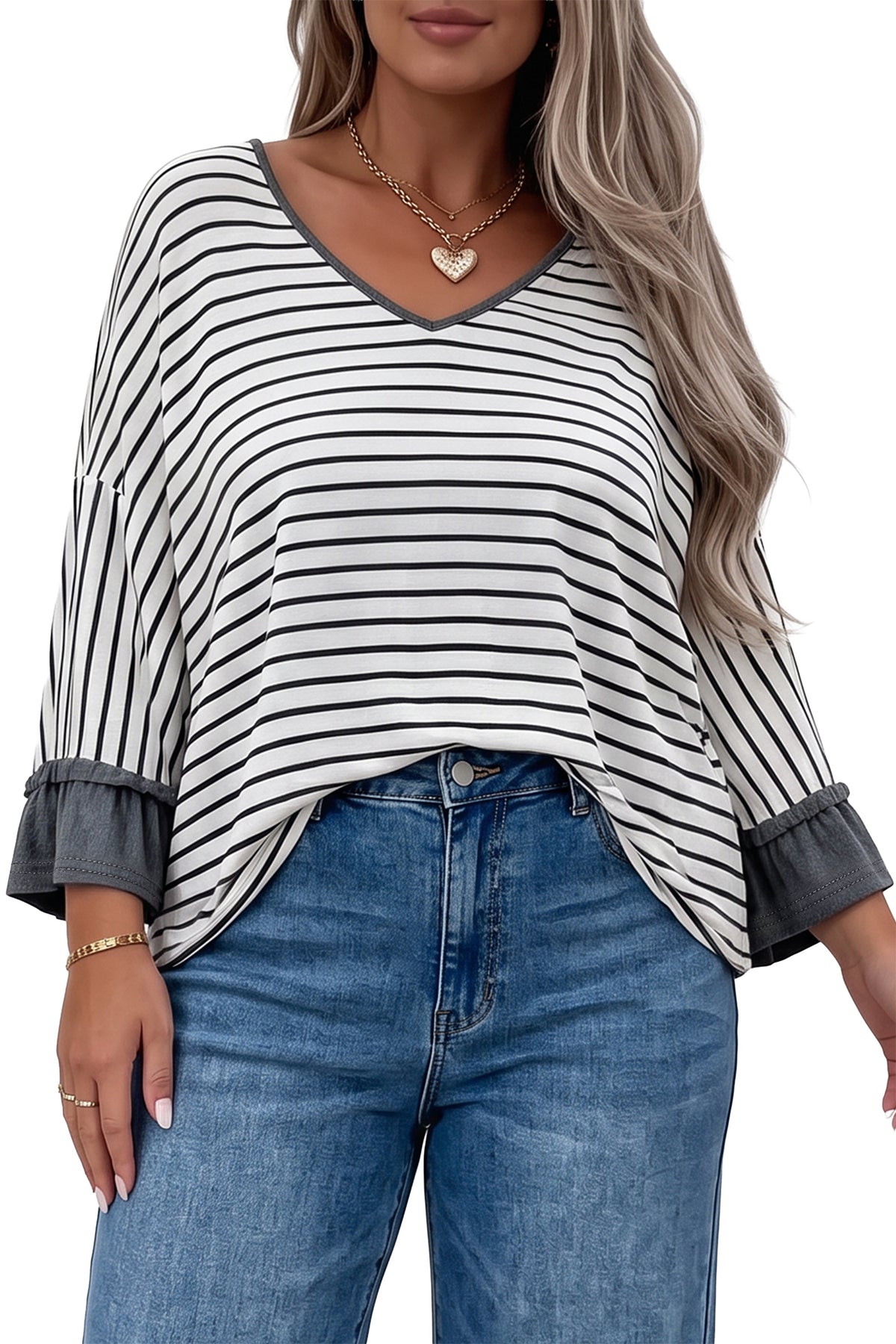 Gray Stripe Ruffled Bracelet Sleeve V Neck Plus Size Top PREORDER ETA 3 WEEKS