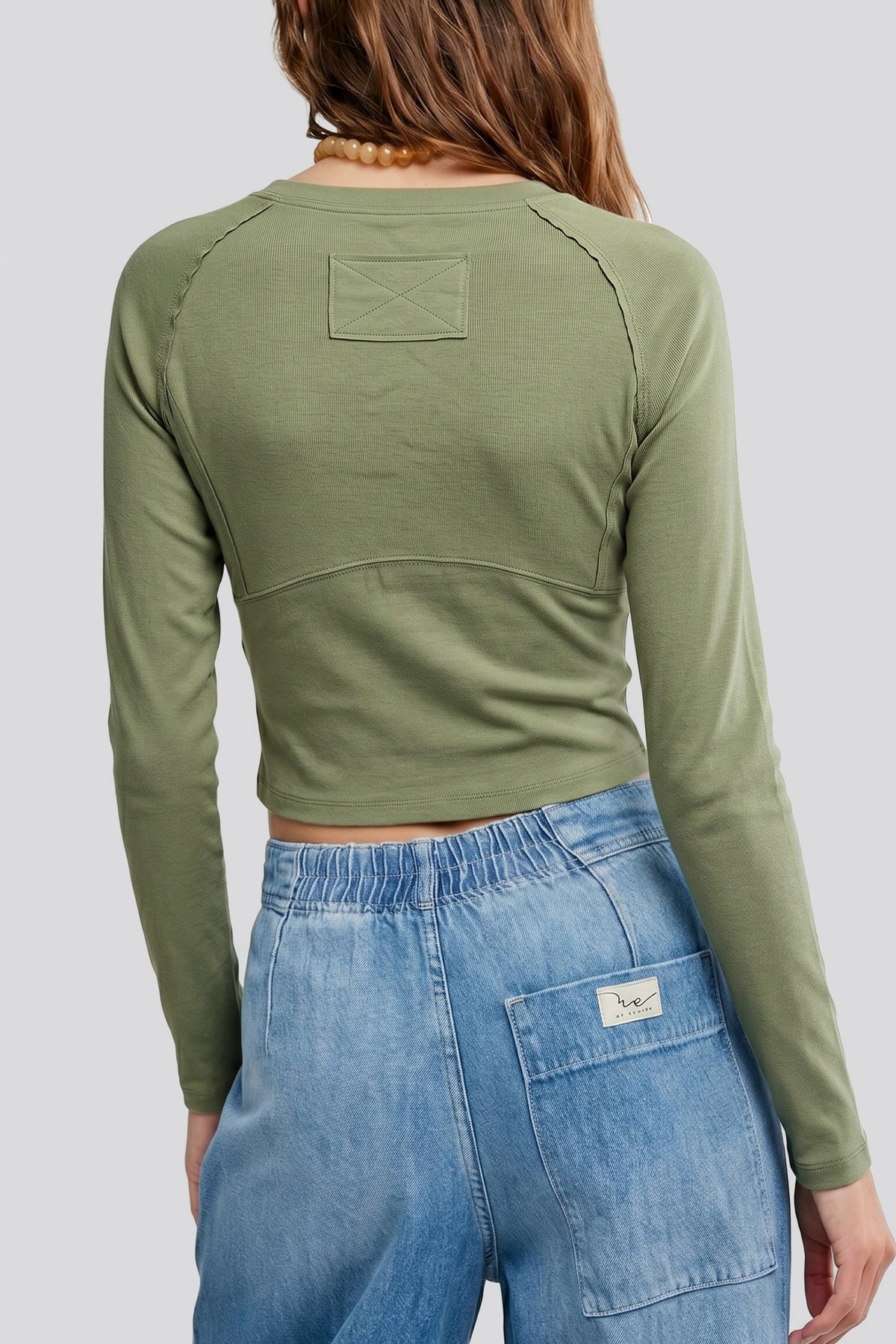 Guacamole Green Round Neck Paneling Long Sleeve Top PREORDER ETA 3 WEEKS