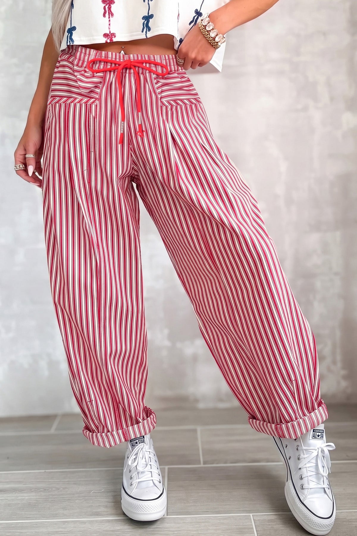 Red Stripe Drawstring Casual Loose Pants PREORDER ETA 3 WEEKS