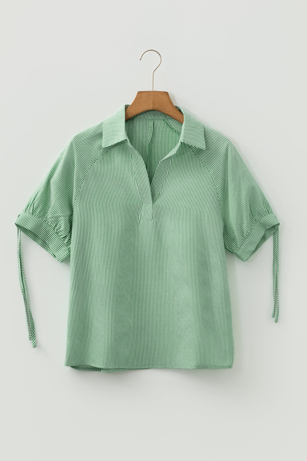 Mint Green Striped Print Collared Split Neck Half Sleeve Blouse PREORDER ETA 3 WEEKS