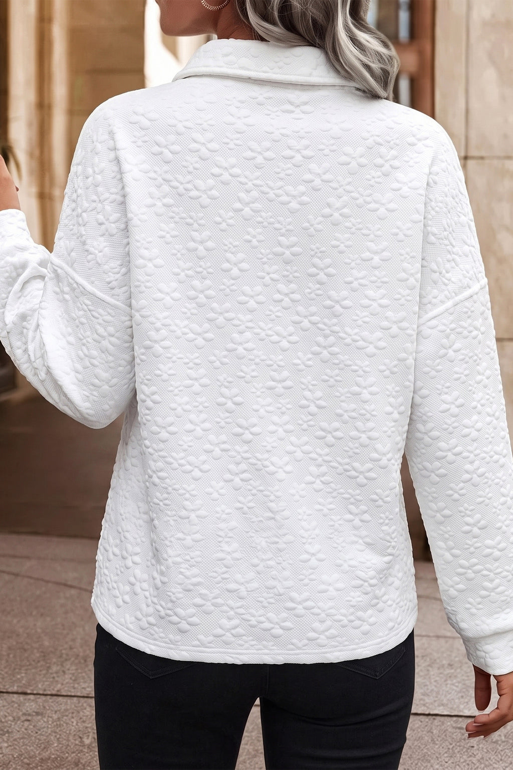 White Solid Color Textured Relaxed Button Collar Pullover Sweatshirt PREORDER ETA 3 WEEKS
