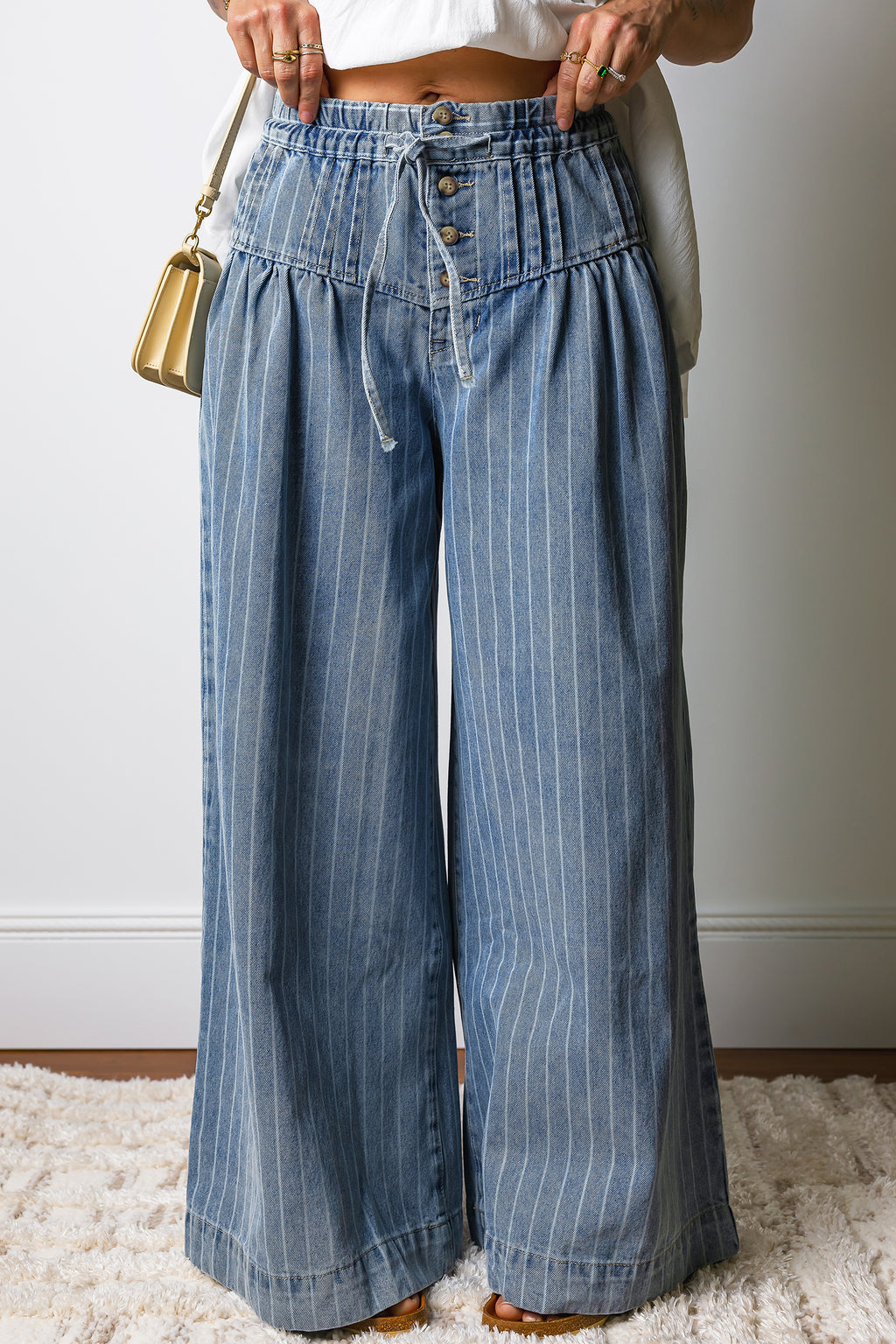 Sky Blue Stripe Button Pleated Drawstring Waist Casual Wide Leg Jeans PREORDER ETA 3 WEEKS