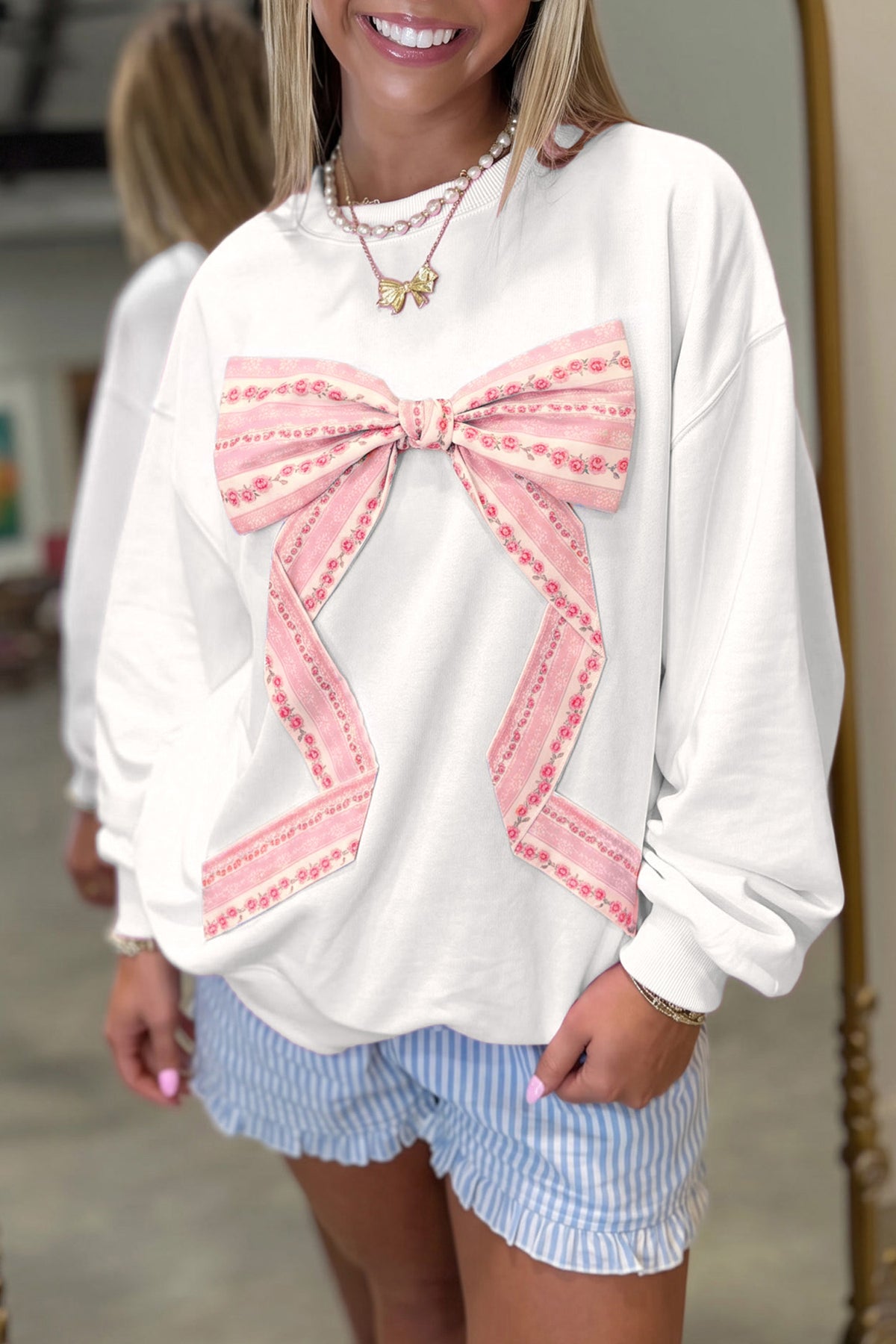 White Floral Bow Decoration Drop Shoulder Long Sleeve Top PREORDER ETA 3 WEEKS