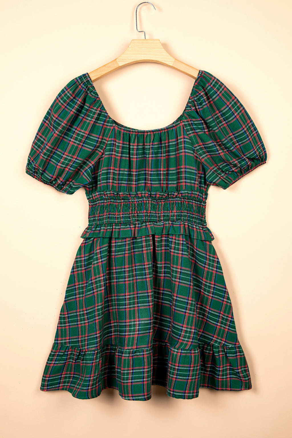 Green Plaid Shirred U Neck Short Sleeve Mini Dress PREORDER ETA 3 WEEKS