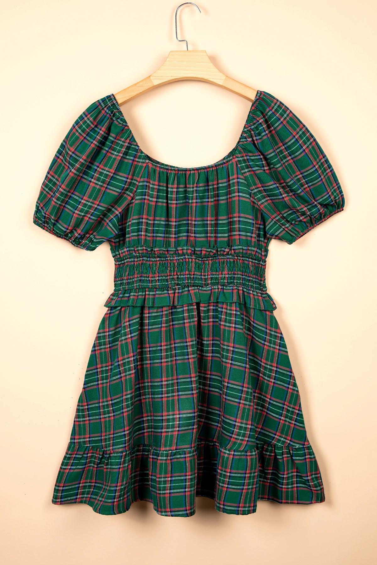 Green Plaid Shirred U Neck Short Sleeve Mini Dress PREORDER ETA 3 WEEKS