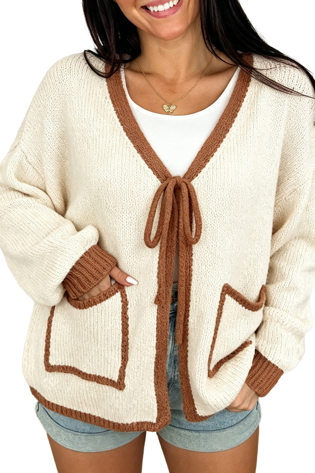 Apricot Contrast Trim V-Neck Tie Front Loose Sweater Cardigan PREORDER ETA 3 WEEKS