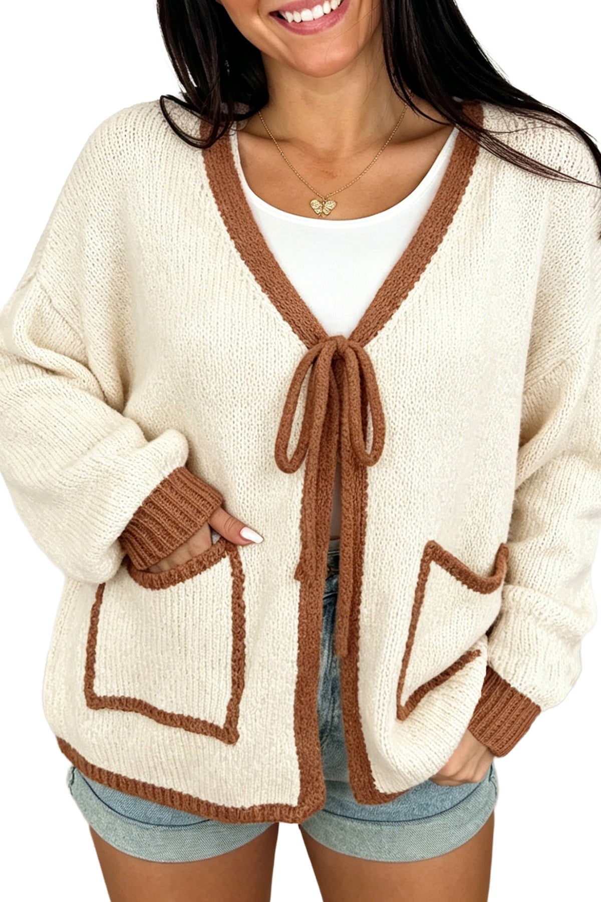 Apricot Contrast Trim V-Neck Tie Front Loose Sweater Cardigan PREORDER ETA 3 WEEKS