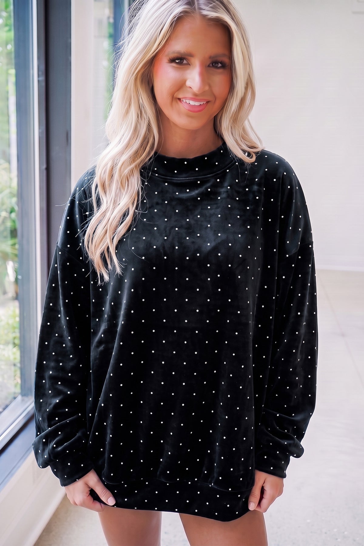 Black Velvet Polka Dot High Neck Tunic Pullover Sweatshirt PREORDER ETA 3 WEEKS