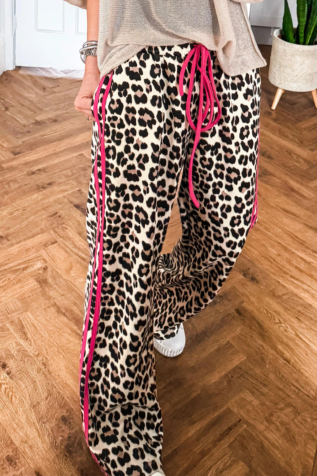 Rose Contrast Detail Tie Waist Leopard Print Casual Pants PREORDER ETA 3 WEEKS