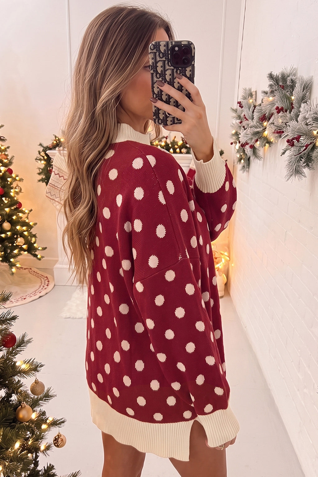 Red Polka Dot Pattern Ribbed Colorblock Trim Split Tunic Sweater PREORDER ETA 3 WEEKS