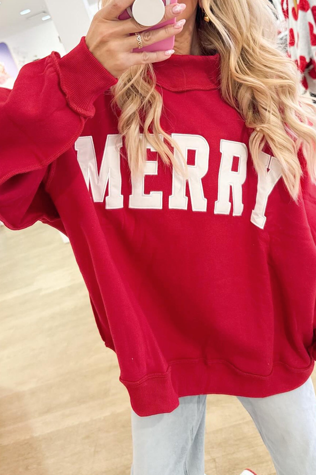 Fiery Red MERRY Embroidered Letter High Neck Tunic Pullover Sweatshirt PREORDER ETA 3 WEEKS