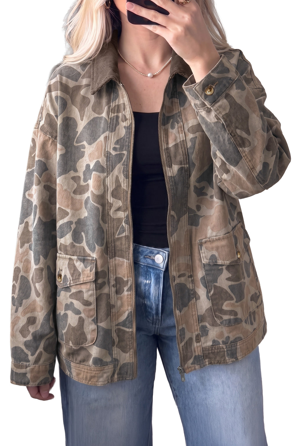 Multicolour Retro Camouflage Print Corduroy Contrast Collar Zip Denim Jacket PREORDER ETA 3 WEEKS