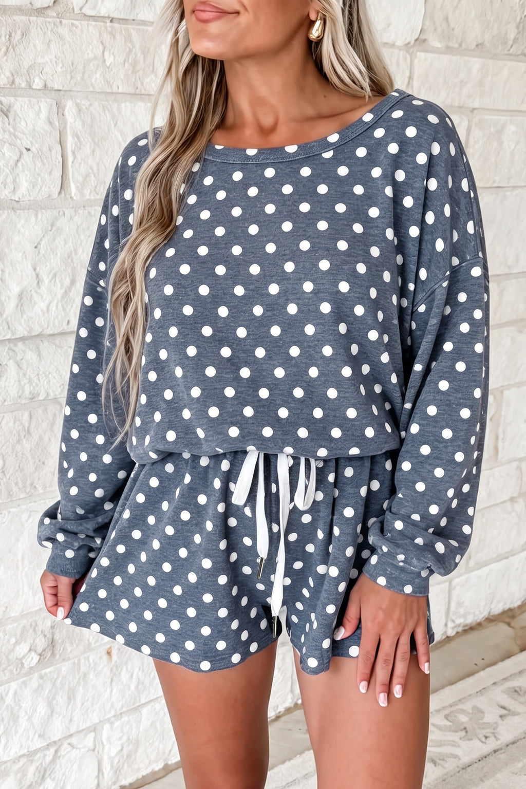 Gray Polka Dot Long Sleeve Top Drawstring Shorts Loose 2pcs Set