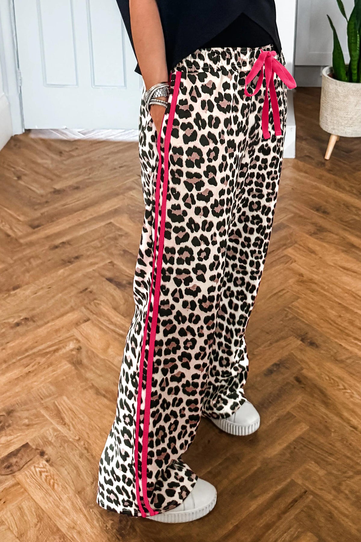 Rose Contrast Detail Tie Waist Leopard Print Casual Pants PREORDER ETA 3 WEEKS