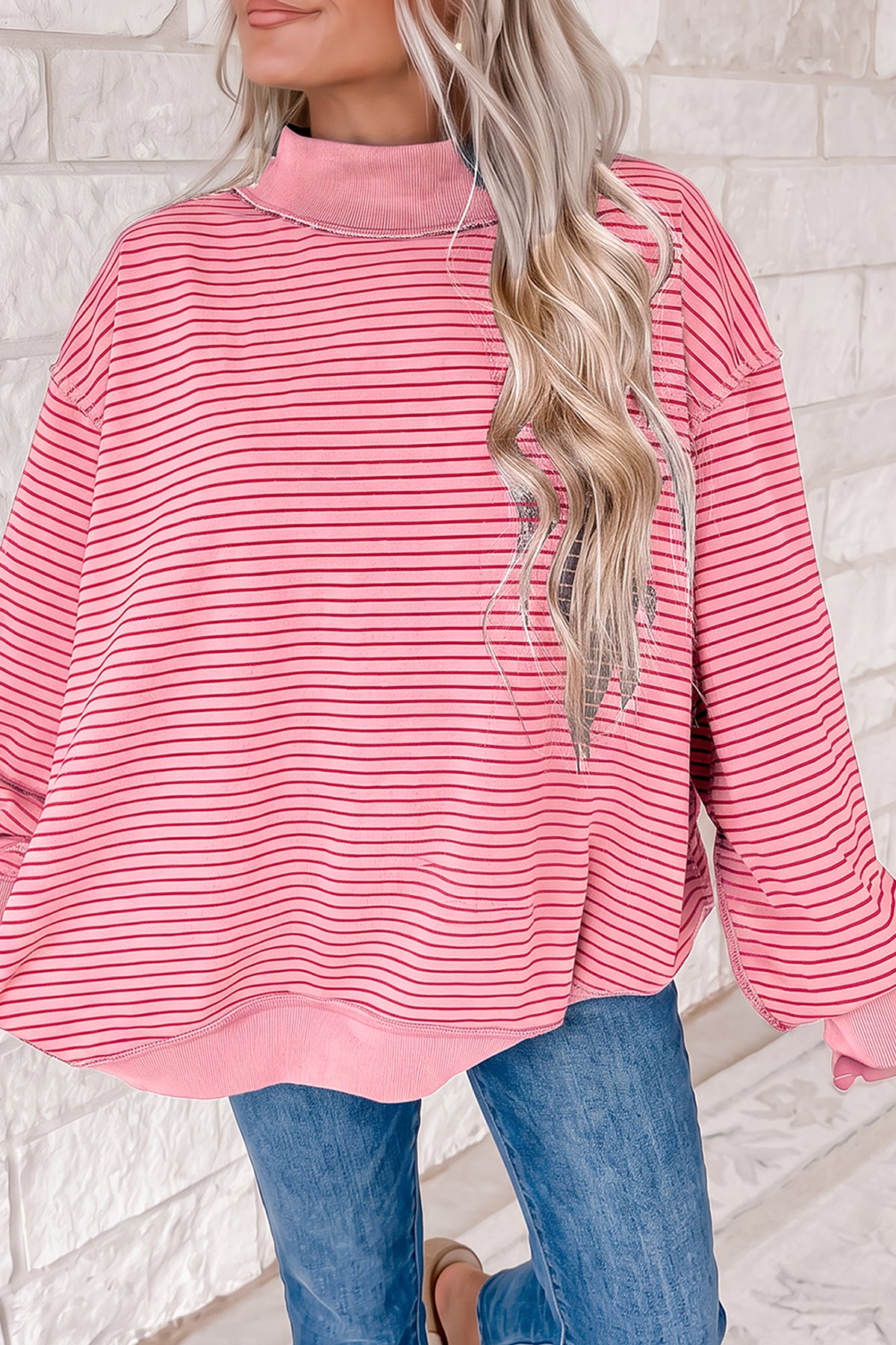 Pink Stripe Ribbed Color Block Mock Neck Oversized Sweatshirt PREORDER ETA 3 WEEKS