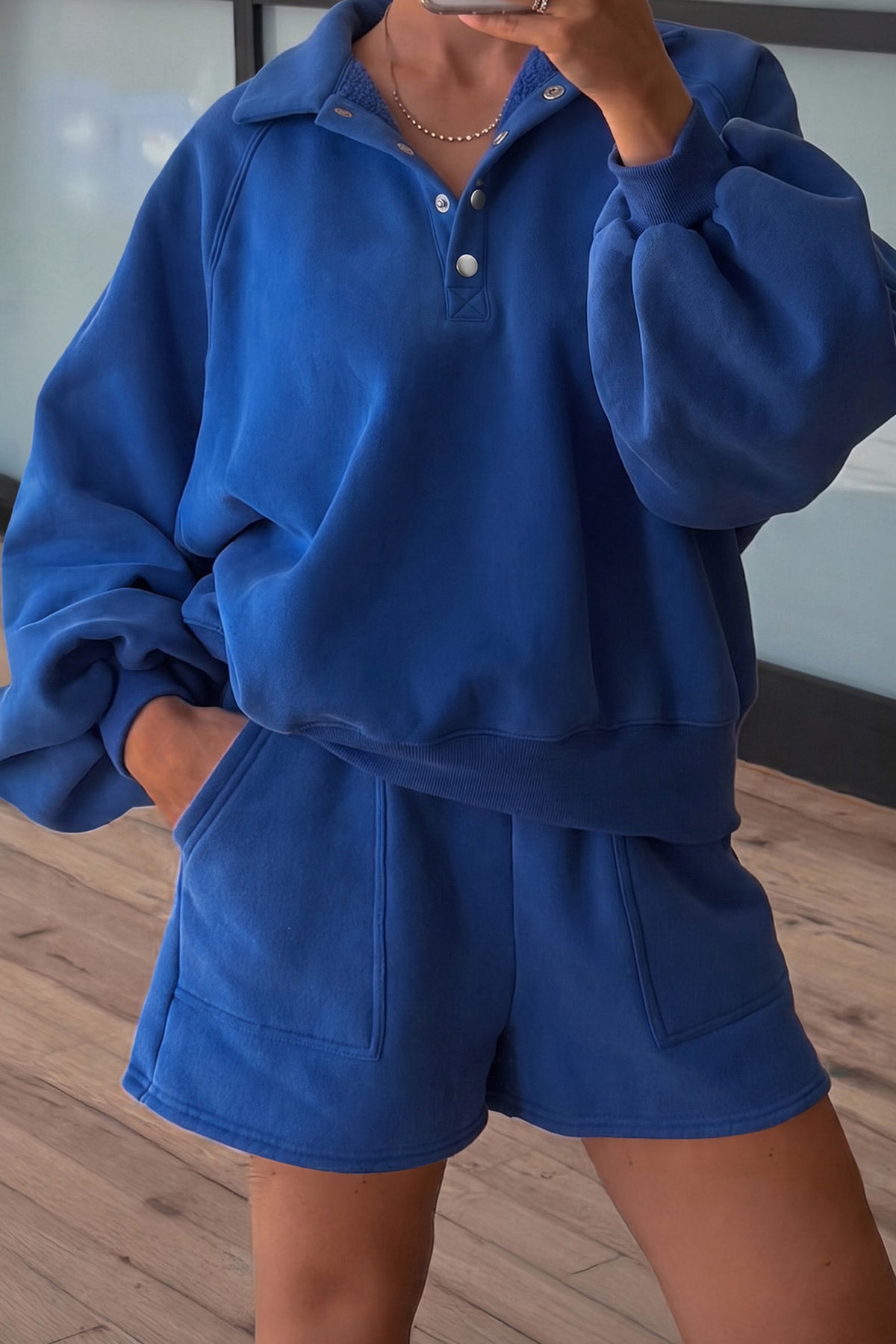 Dark Blue Half Button Puff Sleeve Relaxed Pullover and Shorts 2pcs Outfit PREORDER ETA 3 WEEKS