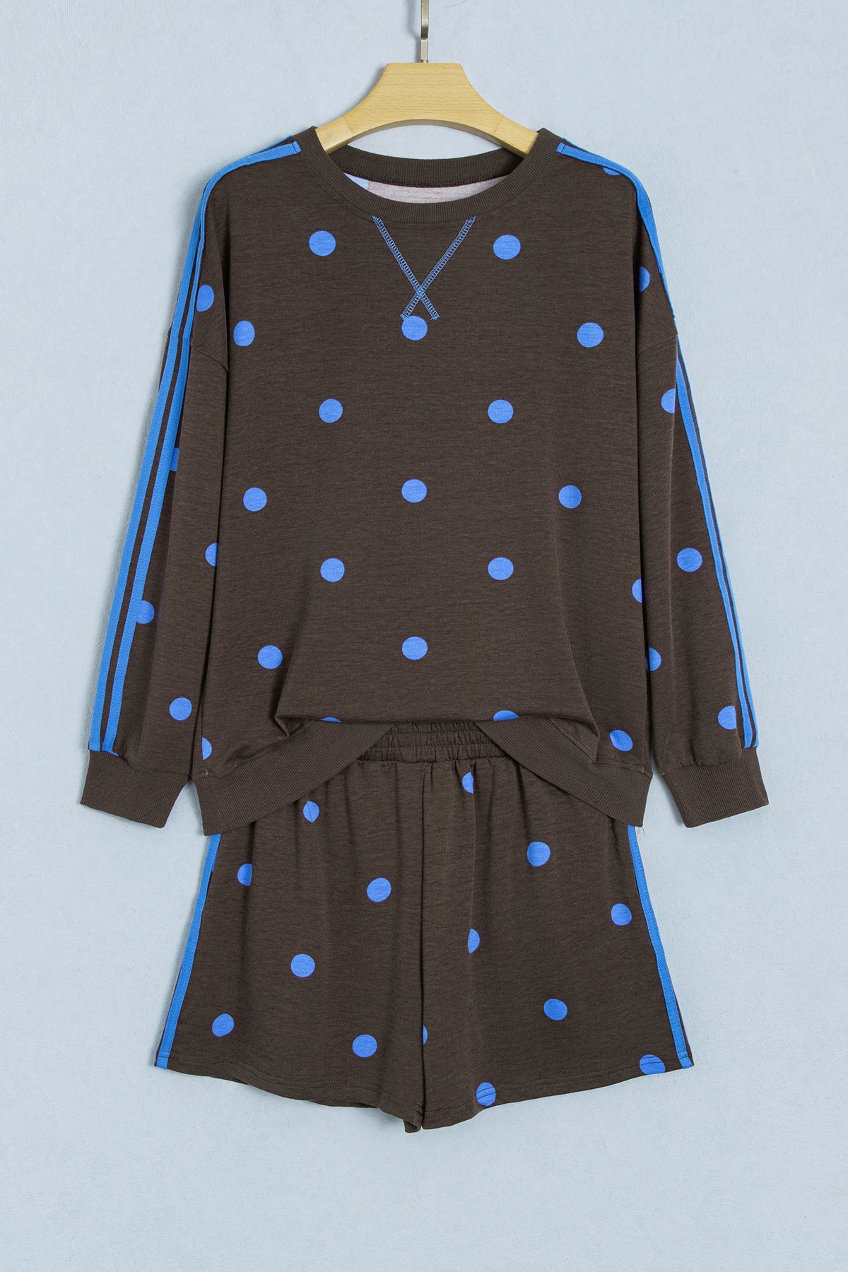 Brown Polka Dot Print Varsity Striped Detail Long Sleeve Top Short Set PREORDER ETA 3 WEEKS