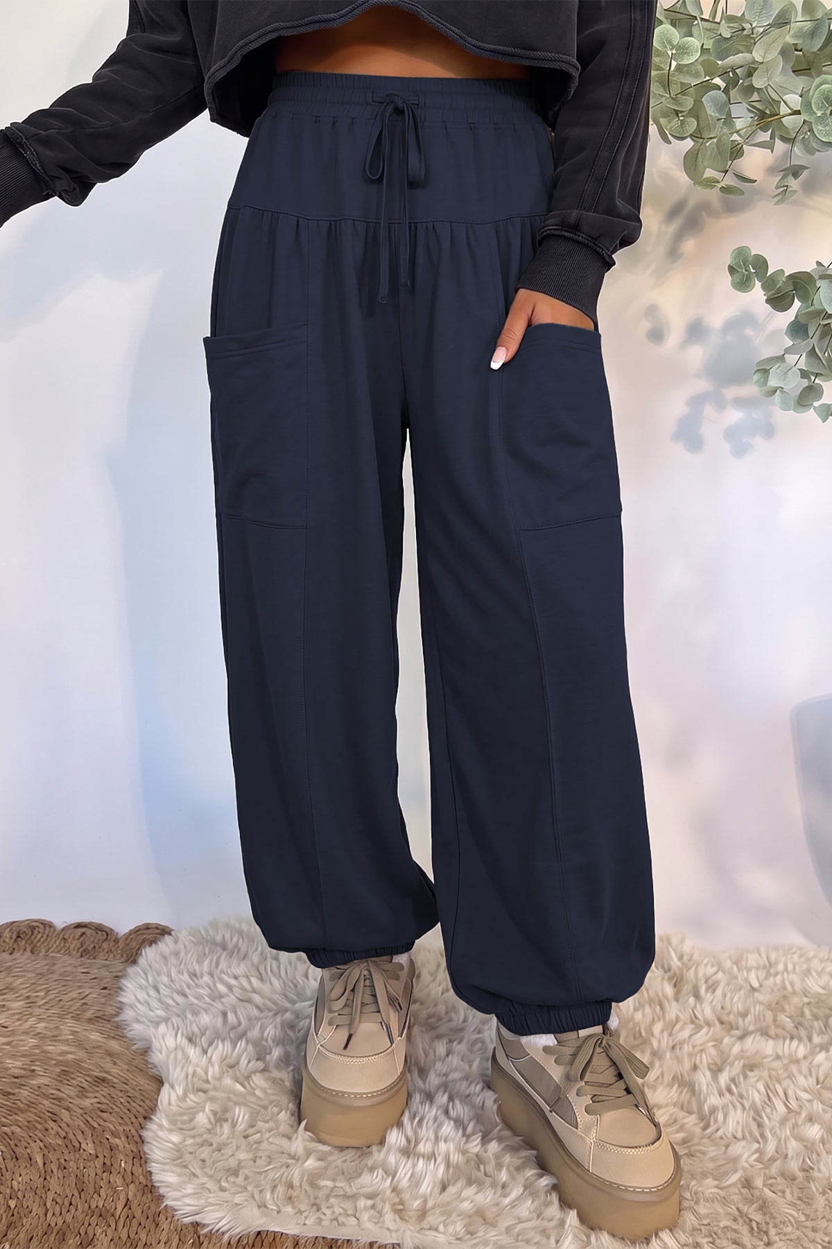 Dirty blue Elastic Waist Drawstring Wide Leg Full Length Pants PREORDER ETA 3 WEEKS