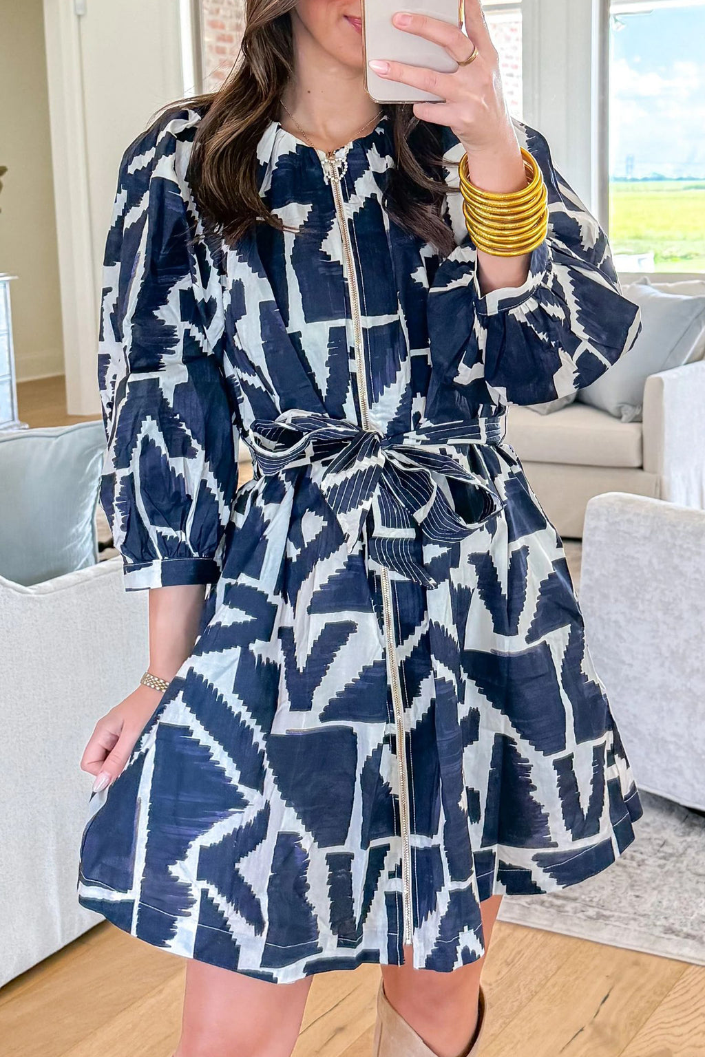 Blue Abstract Geometric Print Zip Front Tie Waist Shift Dress PREORDER ETA 3 WEEKS