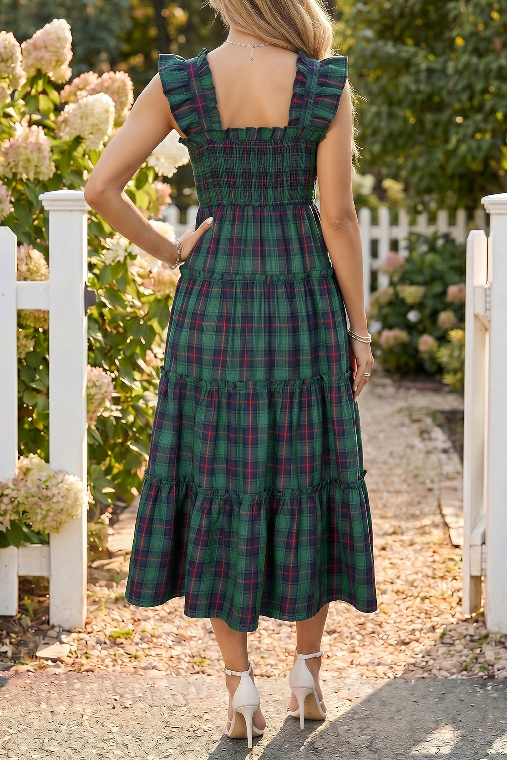 Green Plaid Ruffle Sleeveless Shirred Bodice Tiered Midi Dress PREORDER ETA 3 WEEKS
