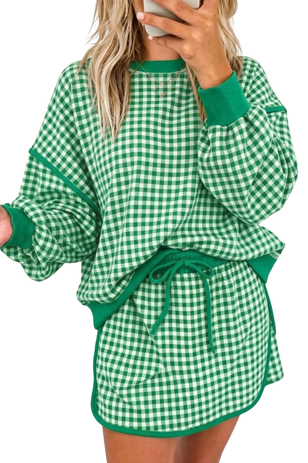 Green Gingham Oversized Ribbed Trim Crew Neck Long Sleeve Top and Skort Set PREORDER ETA 3 WEEKS