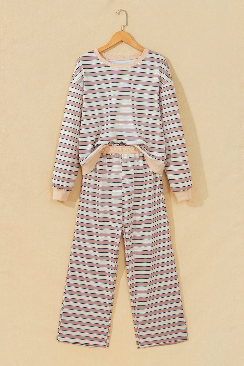 Khaki Stripe Contrast Trim Long Sleeve Top Elastic Waist Pants Set PREORDER ETA 3 WEEKS