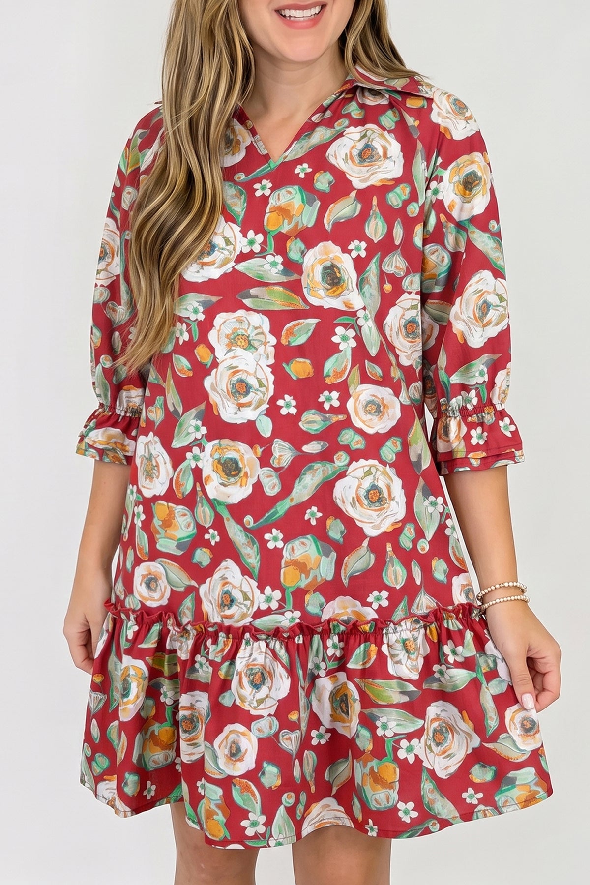 Red Floral Print Half Sleeve Short Shift Dress PREORDER ETA 3 WEEKS