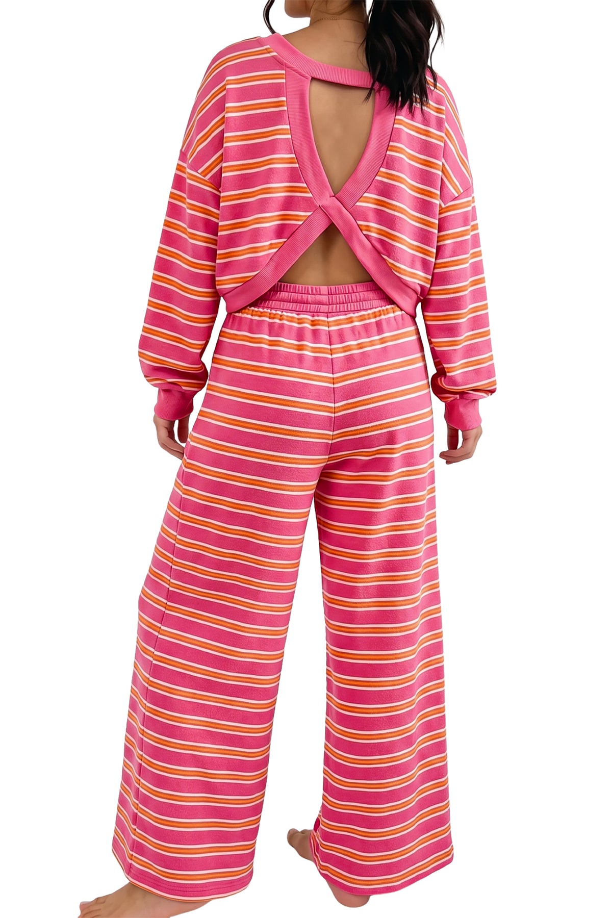 Rose Stripe Back Cutout Long Sleeve Top and Wide Leg Pants 2pcs Set PREORDER ETA 3 WEEKS