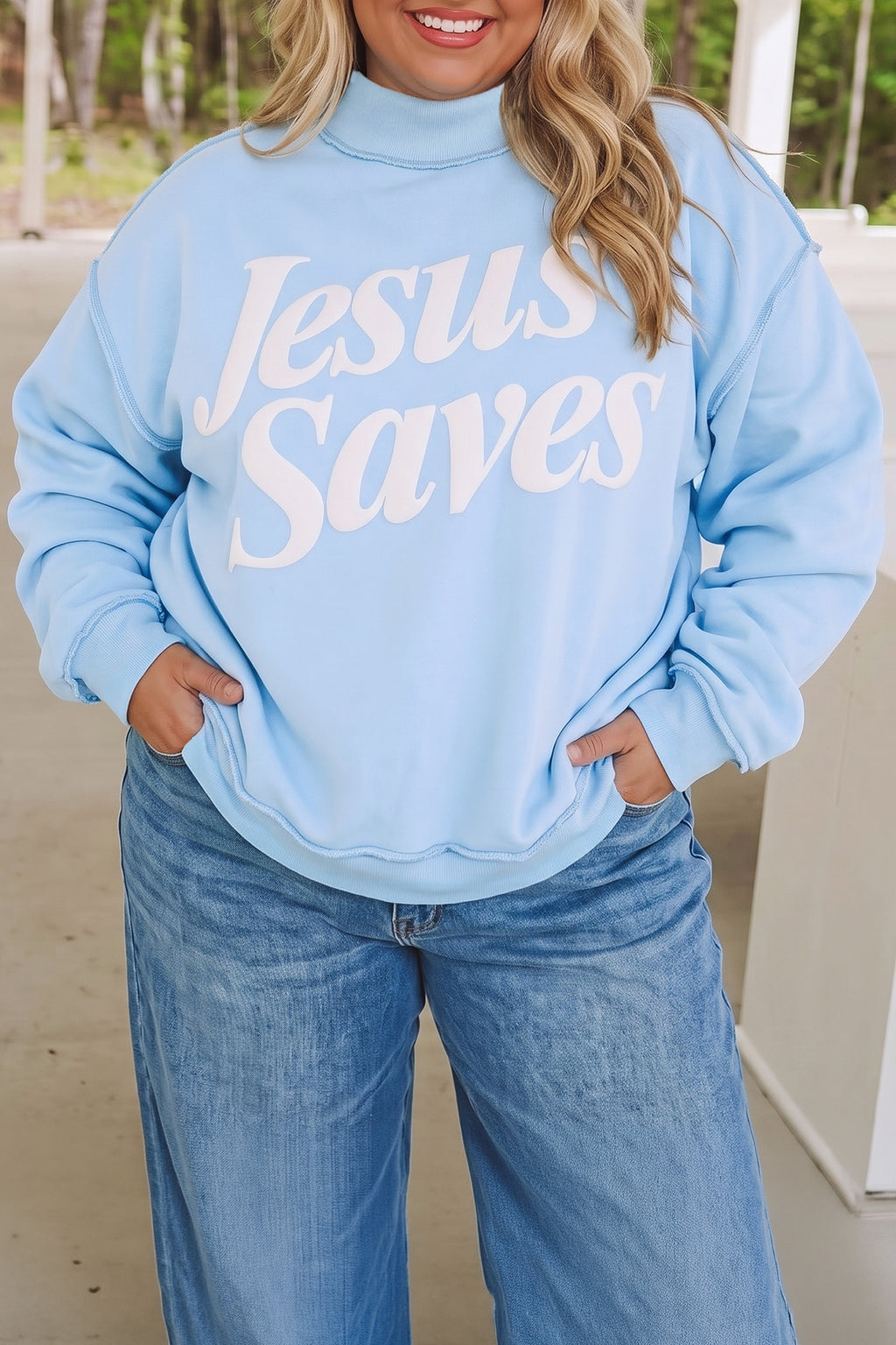 Mist Blue Plus Size Jesus Saves Slogan Print Mock Neck Sweatshirt PREORDER ETA 3 WEEKS