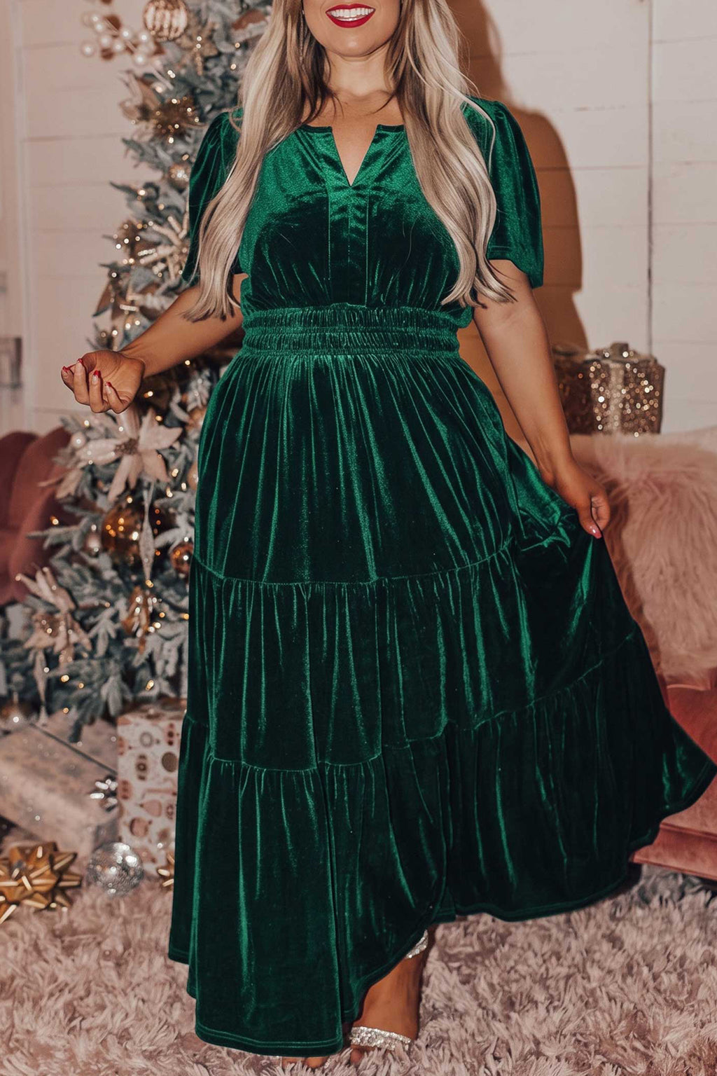 Blackish Green Velvet Short Sleeve Shirred Waist Tiered Plus Size Maxi Dress PREORDER ETA 3 WEEKS