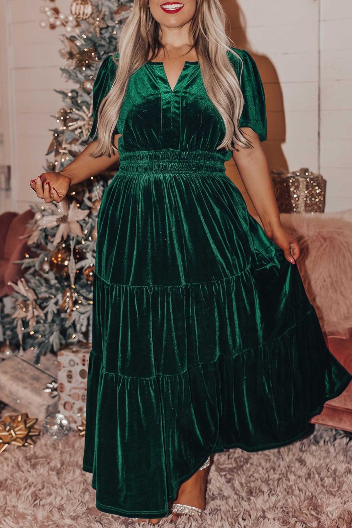 Blackish Green Velvet Short Sleeve Shirred Waist Tiered Plus Size Maxi Dress PREORDER ETA 3 WEEKS