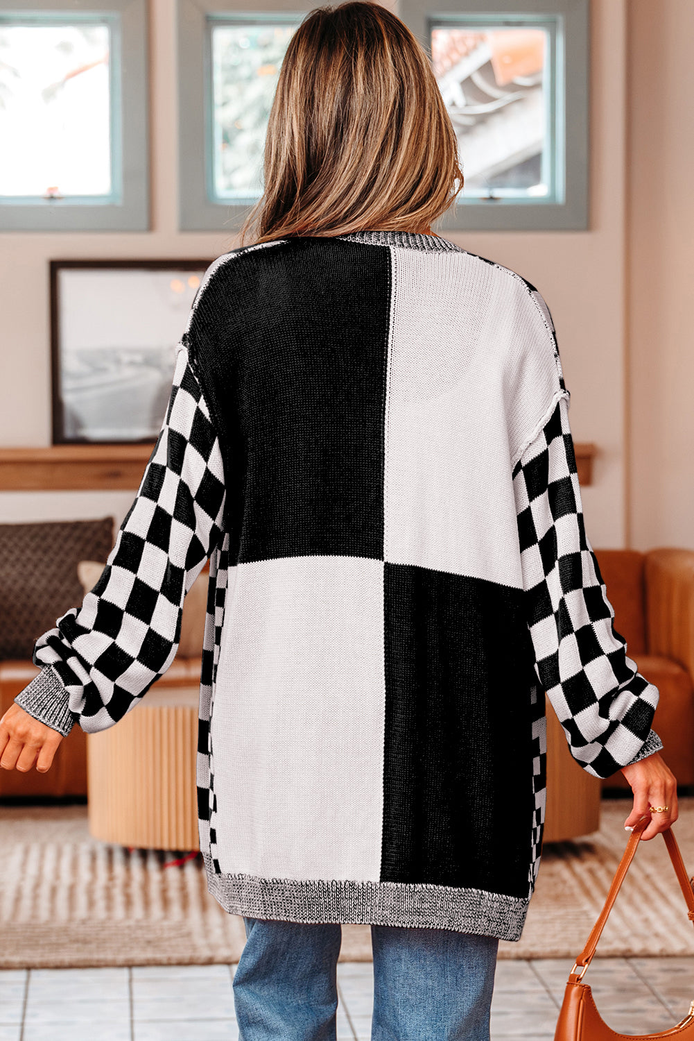 Black Checkered Open Front Drop Shoulder Cardigan PREORDER ETA 3 WEEKS