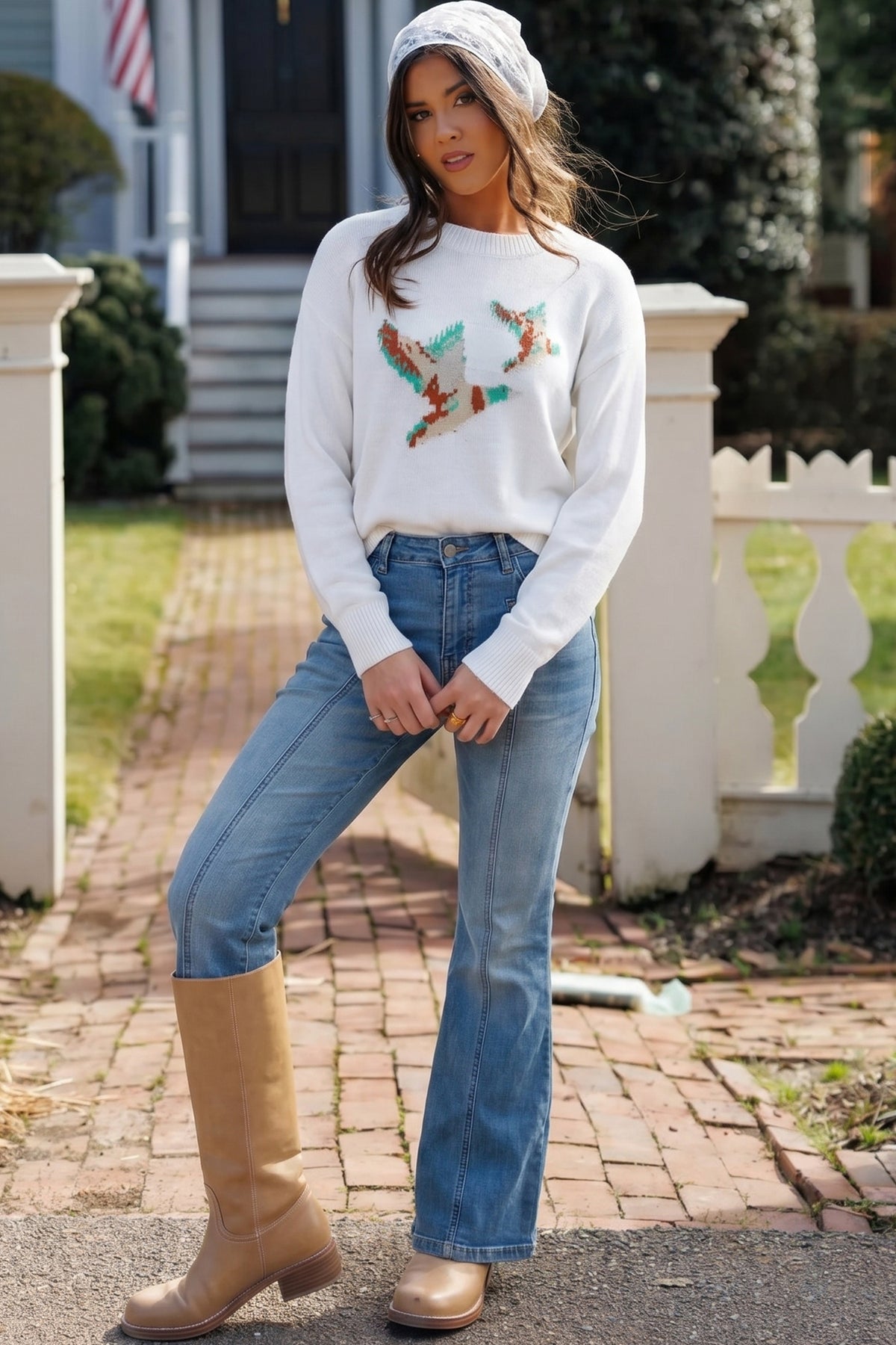White Wild Mallard Drop Shoulder Round Neck Long Sleeve Pullover Sweater PREORDER ETA 3 WEEKS