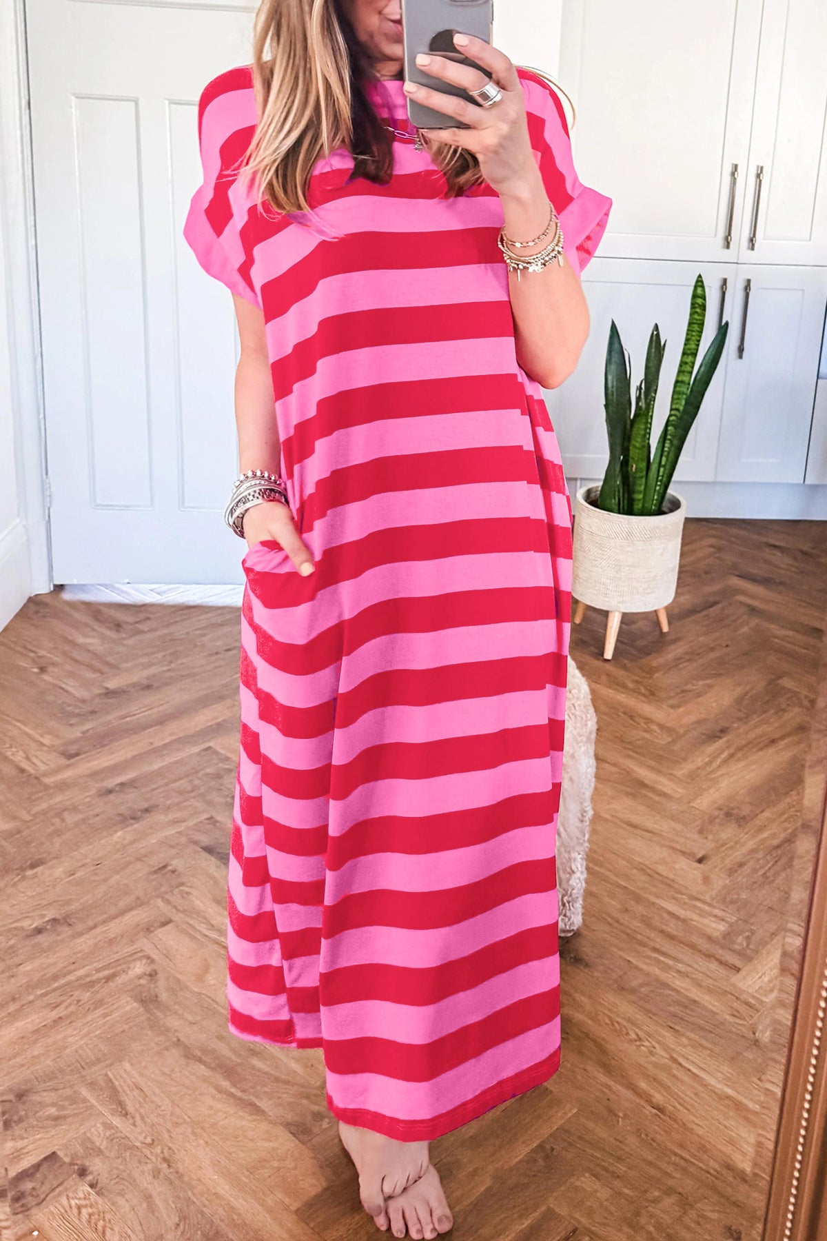 Rose Stripe Cuffed Short Sleeve Pocketed Casual T Shirt Long Dress PREORDER ETA 3 WEEKS