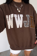 Coffee WWJD Mixed Pattern Embroidered Patch Graphic Mock Neck Sweatshirt PREORDER ETA 3 WEEKS