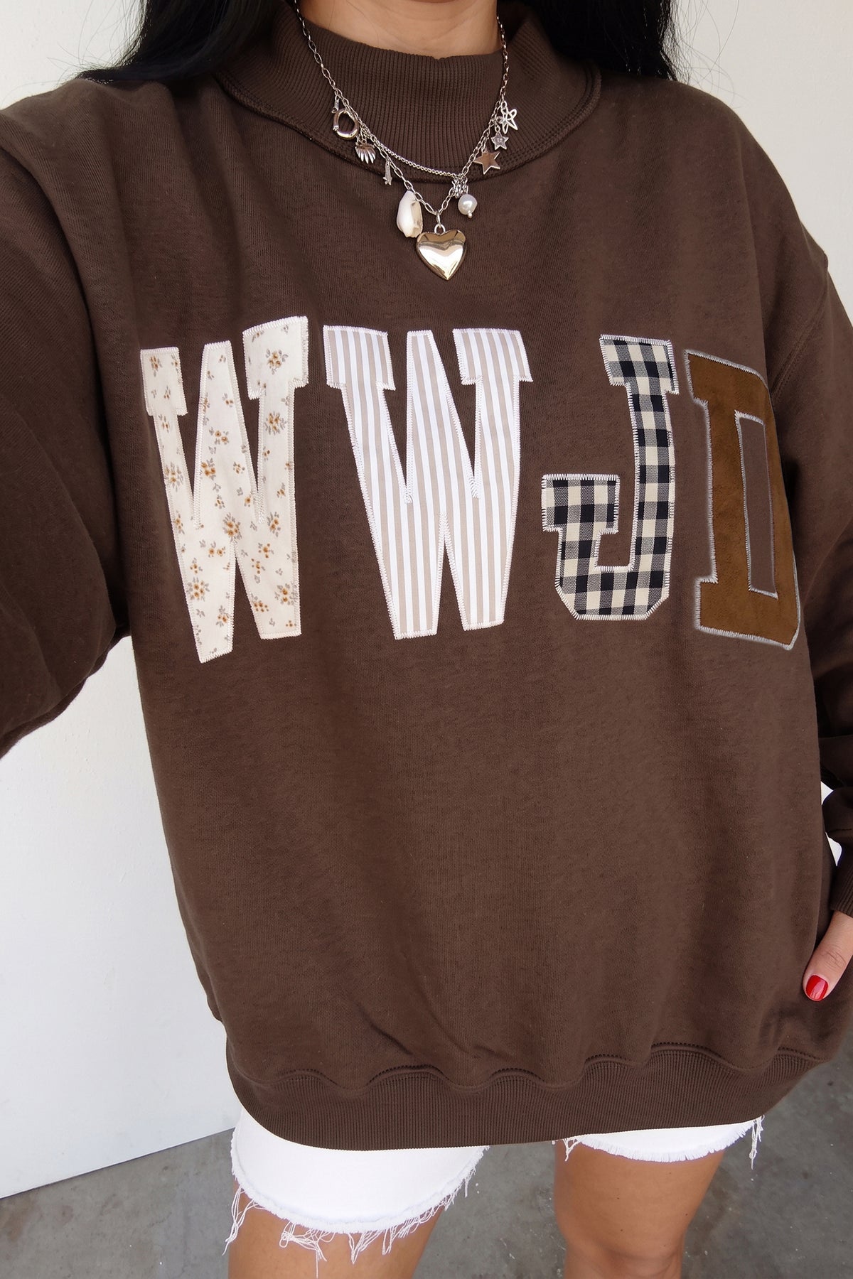 Coffee WWJD Mixed Pattern Embroidered Patch Graphic Mock Neck Sweatshirt PREORDER ETA 3 WEEKS