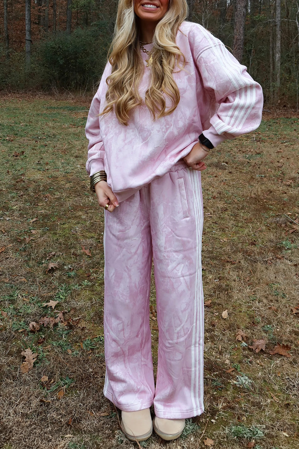 Pink Abstract Print Side Stripe Detail Long Sleeve Top Loose Pants Set PREORDER ETA 3 WEEKS