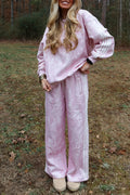 Pink Abstract Print Side Stripe Detail Long Sleeve Top Loose Pants Set PREORDER ETA 3 WEEKS