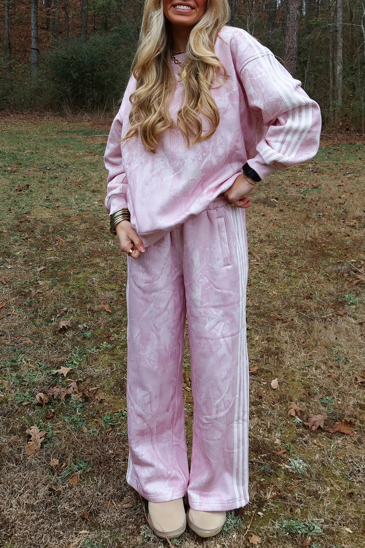 Pink Abstract Print Side Stripe Detail Long Sleeve Top Loose Pants Set PREORDER ETA 3 WEEKS