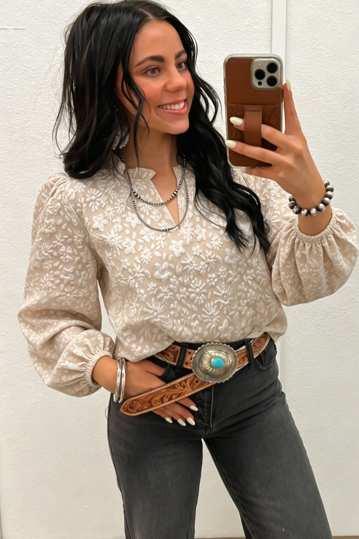 Apricot V Neck Floral Textured Long Sleeve Casual Blouse PREORDER ETA 3 WEEKS