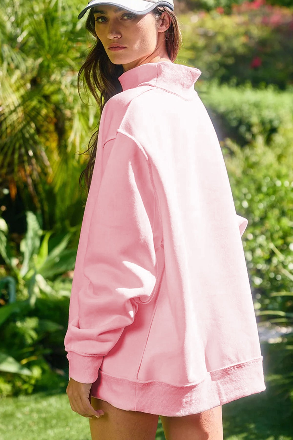 Light Pink High Neck Exposed Seam Drop Shoulder Baggy Pullover Short Set PREORDER ETA 3 WEEKS