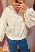 White Polka Dot Print Metal Button Collar Casual Pullover Sweatshirt PREORDER ETA 3 WEEKS