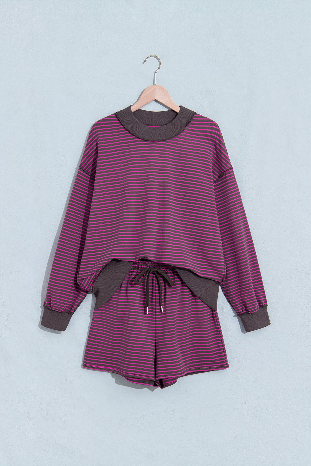 Blue Stripe Ribbed Patchwork Mock Neck Pullover Matching Shorts Set PREORDER ETA 3 WEEKS