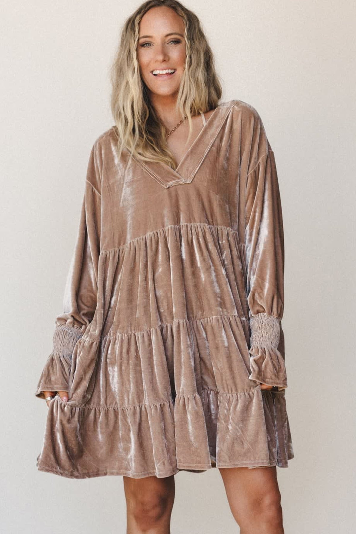 Smoke Gray Solid Color V Neck Velvet Tiered Long Sleeve Dress PREORDER ETA 3 WEEKS