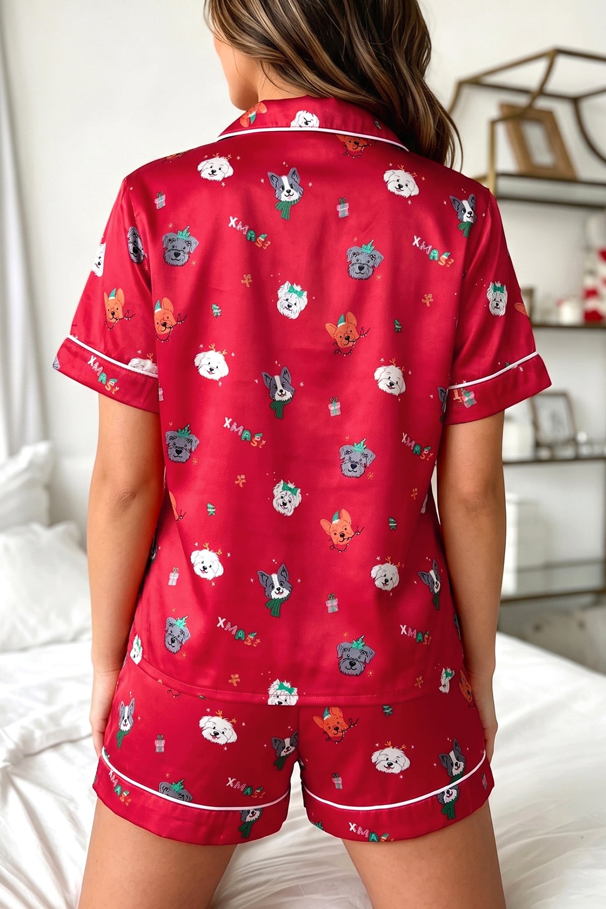 Racing Red Festive Dog Print Short Sleeve Two Piece Lounge Set PREORDER ETA 3 WEEKS