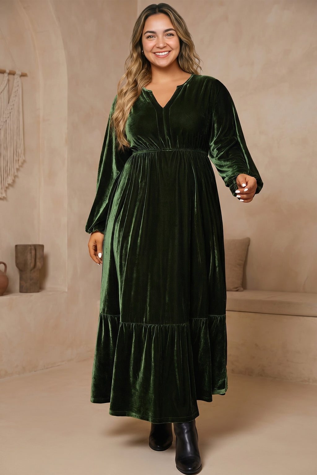 Blackish Green V Neck Long Sleeve Velvet Loose Fit Plus Size Dress PREORDER ETA 3 WEEKS