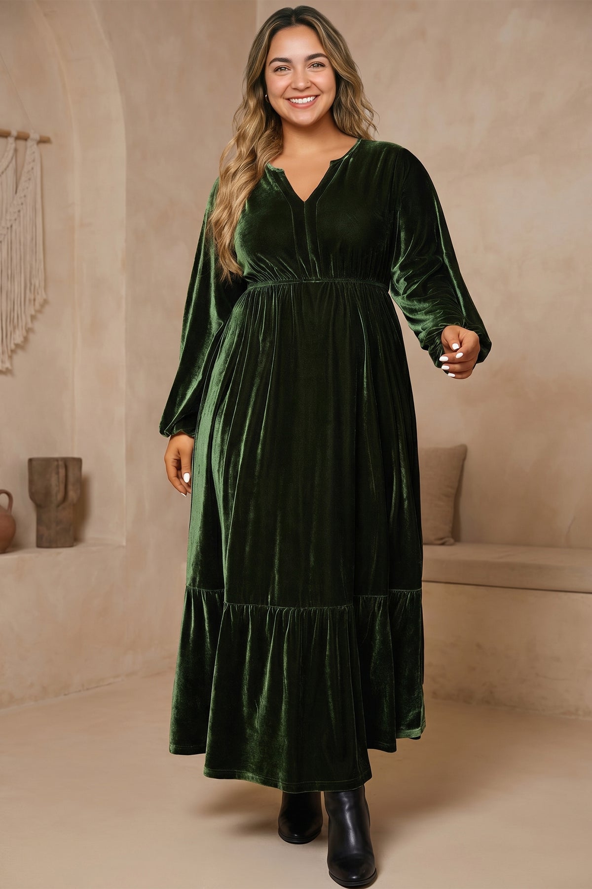 Blackish Green V Neck Long Sleeve Velvet Loose Fit Plus Size Dress PREORDER ETA 3 WEEKS