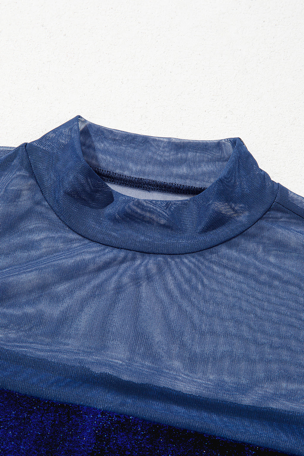 Navy Blue Velvet Long Sleeve Sheer Neck Patchwork Casual Pullover Top PREORDER ETA 3 WEEKS