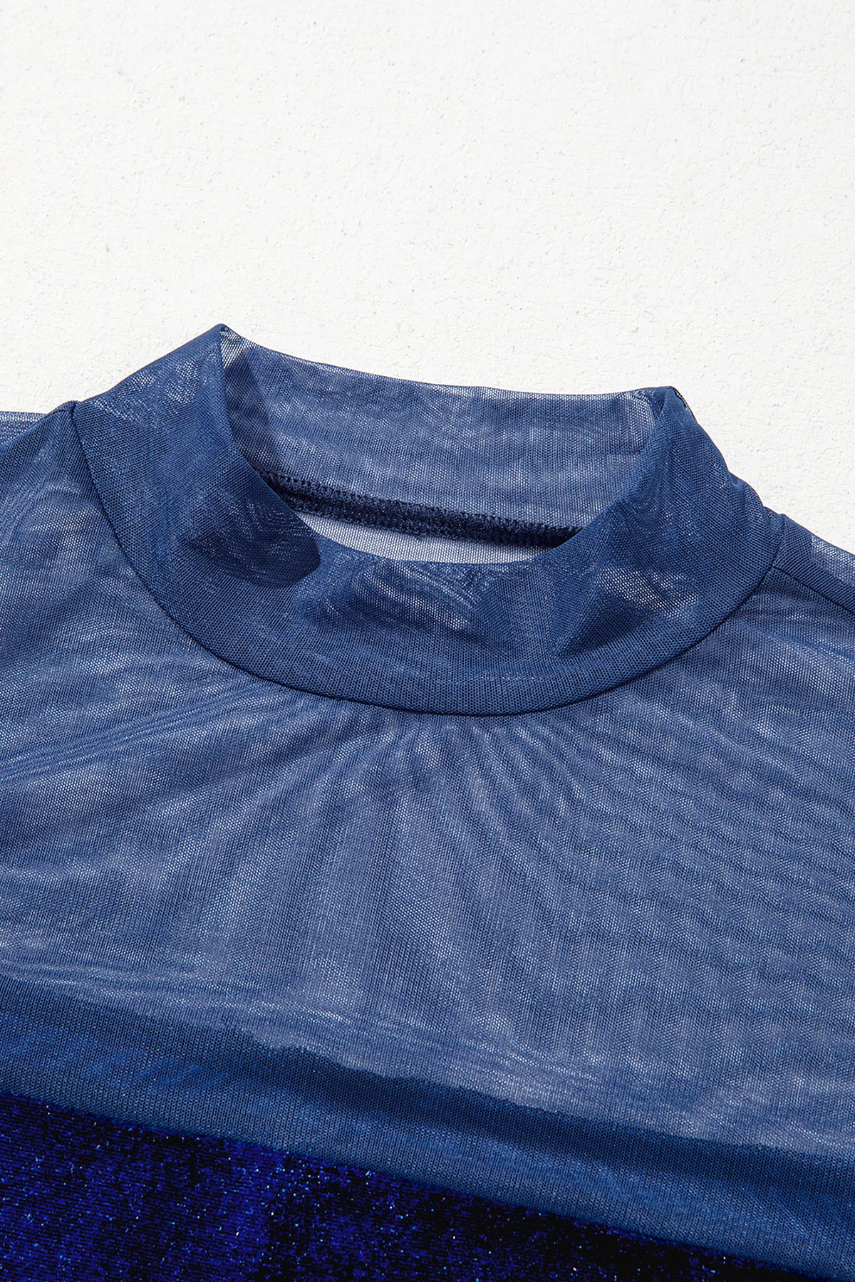 Navy Blue Velvet Long Sleeve Sheer Neck Patchwork Casual Pullover Top PREORDER ETA 3 WEEKS